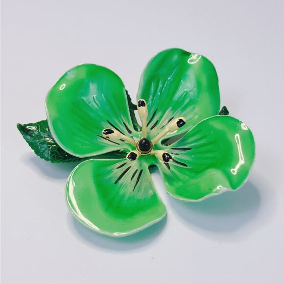 Vintage 1960s Green Enamel Flower Brooch Layered Leaves Mod Mid Century Pin - Picture 3 of 10